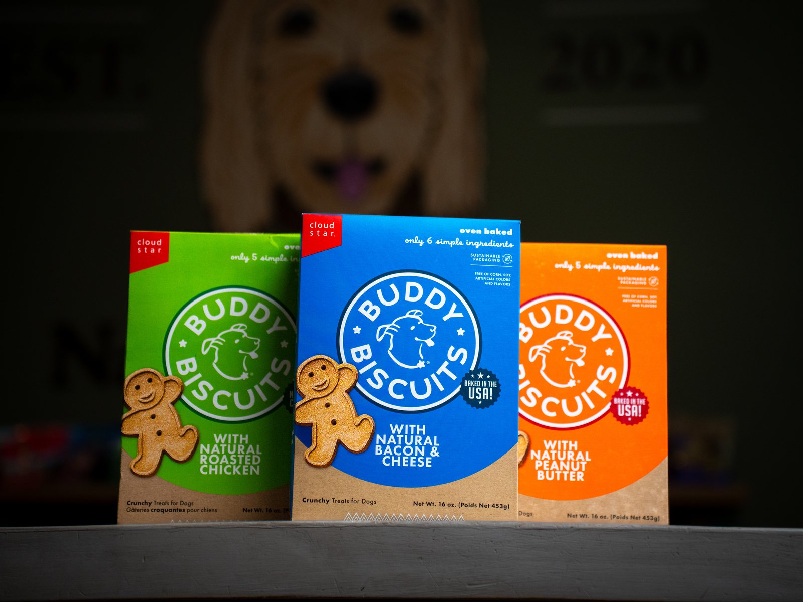 Buddy Biscuits dog treat lineup — pet retail product photography Hudson Valley